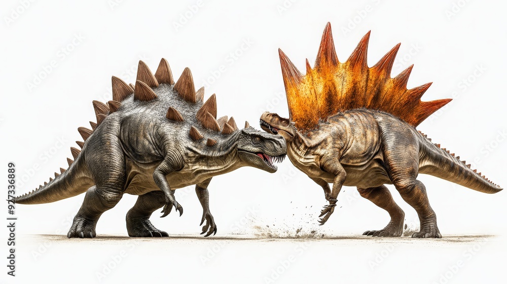 Two fierce Stegosaurus dinosaurs locked in a dramatic battle, showcasing their sharp spines and rugged scales in a prehistoric landscape. Two fierce Stegosaurus dinosaurs locked in a dramatic battle, showcasing their sharp spines and rugged scales in a prehistoric landscape.