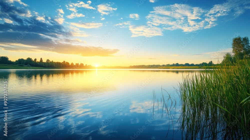 Fototapeta premium Sunset over Still Lake with a Lush Shoreline