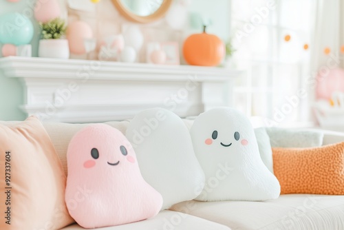 cozy living room decorated with friendly ghost themed items like soft plush ghost pillows, smiling ghost figurines on the mantle