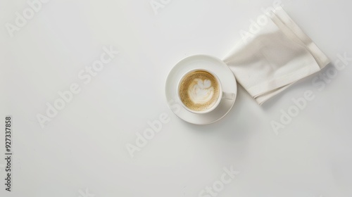 Cup of coffee with latte art sits on a white table beside a linen napkin, providing a clean and minimalist backdrop