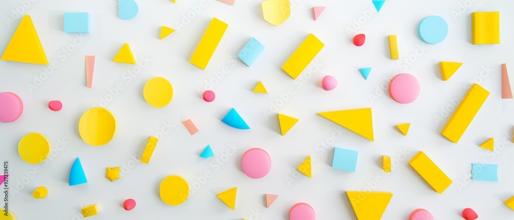 A whimsical arrangement of colorful geometric shapes in pastel hues, creating a playful and artistic pattern on a white background. A whimsical arrangement of colorful geometric shapes in pastel hues, creating a playful and artistic pattern on a white background.