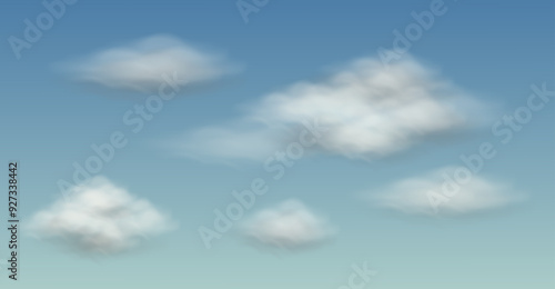 Realistic 3d Smoky semi Transparent vector cloud in blue sky. Summer rain clouds isolated set. Realistic Vector Clear Sky . Spring, Summer Sunny day with sunlight in Winter,Horizon Nature Landscape