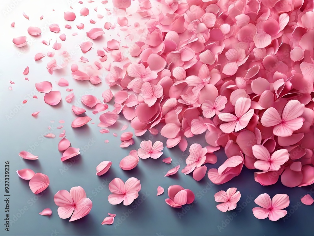 Delicate pink flower petals are gently strewn across a tranquil blue surface, creating a calming spring atmosphere Delicate pink flower petals are gently strewn across a tranquil blue surface, creating a calming spring atmosphere