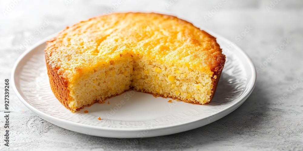 A clean white marble background contrasts with Creamy Cornbread Casserole presented on a spotless small white dish with a big space on it for textual or background use, Generative AI. A clean white marble background contrasts with Creamy Cornbread Casserole presented on a spotless small white dish with a big space on it for textual or background use, Generative AI.