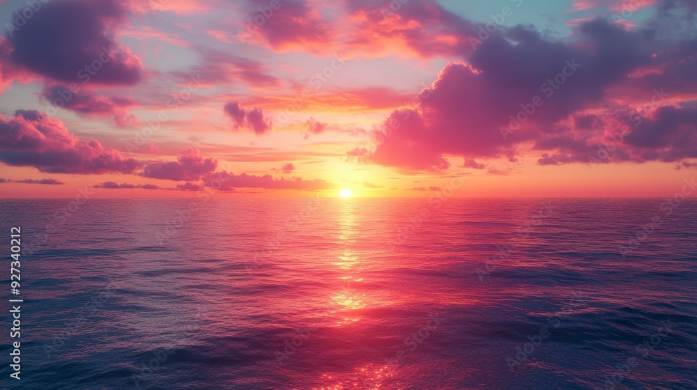 Pink sunset over a calm ocean with a bright sun reflecting on the water. Pink sunset over a calm ocean with a bright sun reflecting on the water.