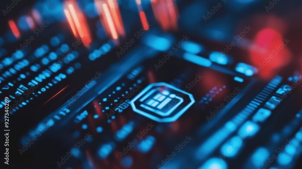 Fototapeta premium Close-up of a Futuristic Digital Interface with a Blue Icon and Red Lights