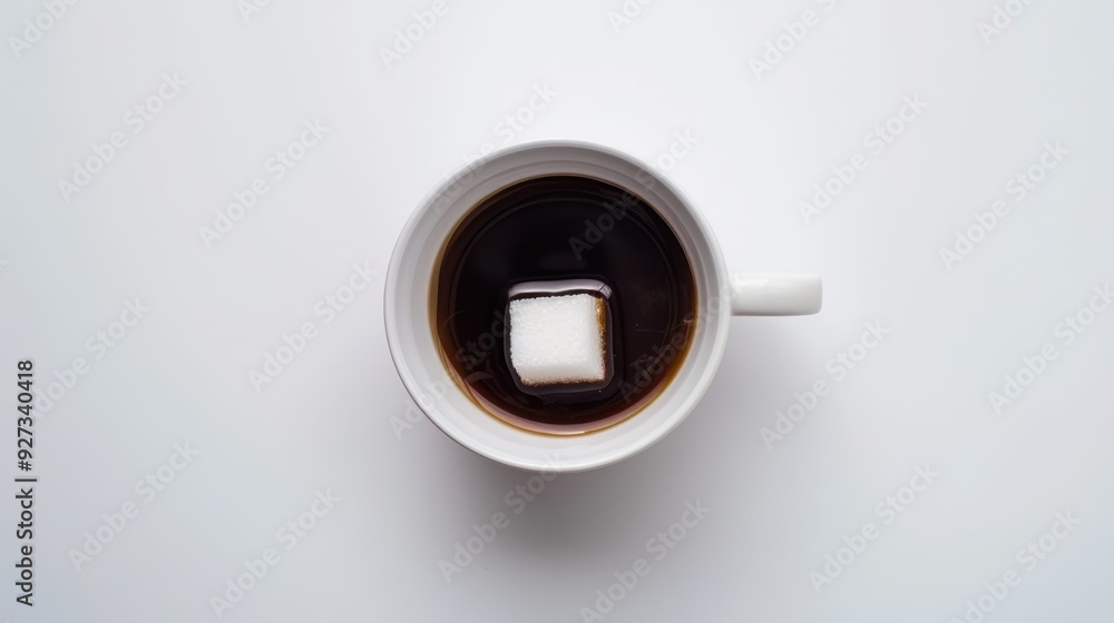 Lone sugar cube rests on the surface of a cup of black coffee in a white mug on a clean white table Lone sugar cube rests on the surface of a cup of black coffee in a white mug on a clean white table