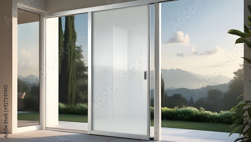 A white sliding glass door, leading out to a patio with gentle reflections of surrounding trees and distant mountains 