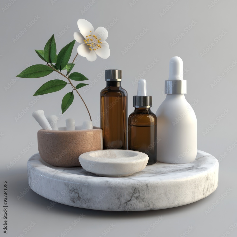 White Flower and Glass Bottles on Marble Tray White Flower and Glass Bottles on Marble Tray