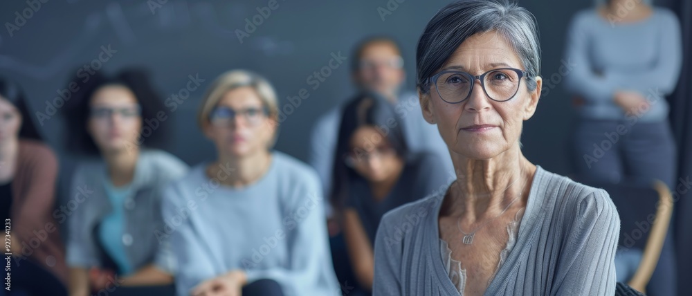 A distinguished elderly woman with gray hair and glasses exudes confidence and wisdom, flanked by an attentive group in a classroom setting. A distinguished elderly woman with gray hair and glasses exudes confidence and wisdom, flanked by an attentive group in a classroom setting.