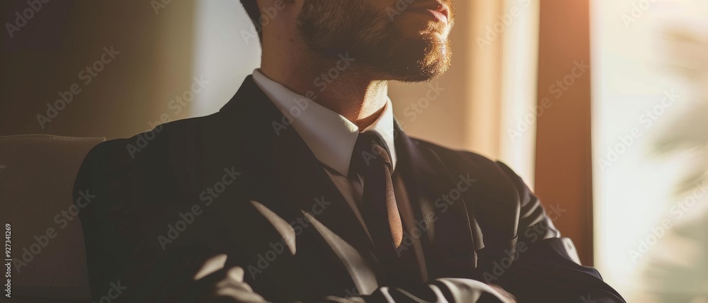 Fototapeta premium A man in a black suit, seated and looking focused with sunlight streaming through blinds, captures a moment of introspection and determination in a professional setting.