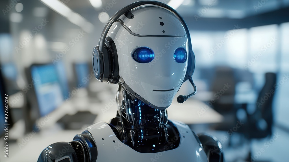 Futuristic Robot with Headset in Modern Office Environment, AI Customer Service Concept Futuristic Robot with Headset in Modern Office Environment, AI Customer Service Concept