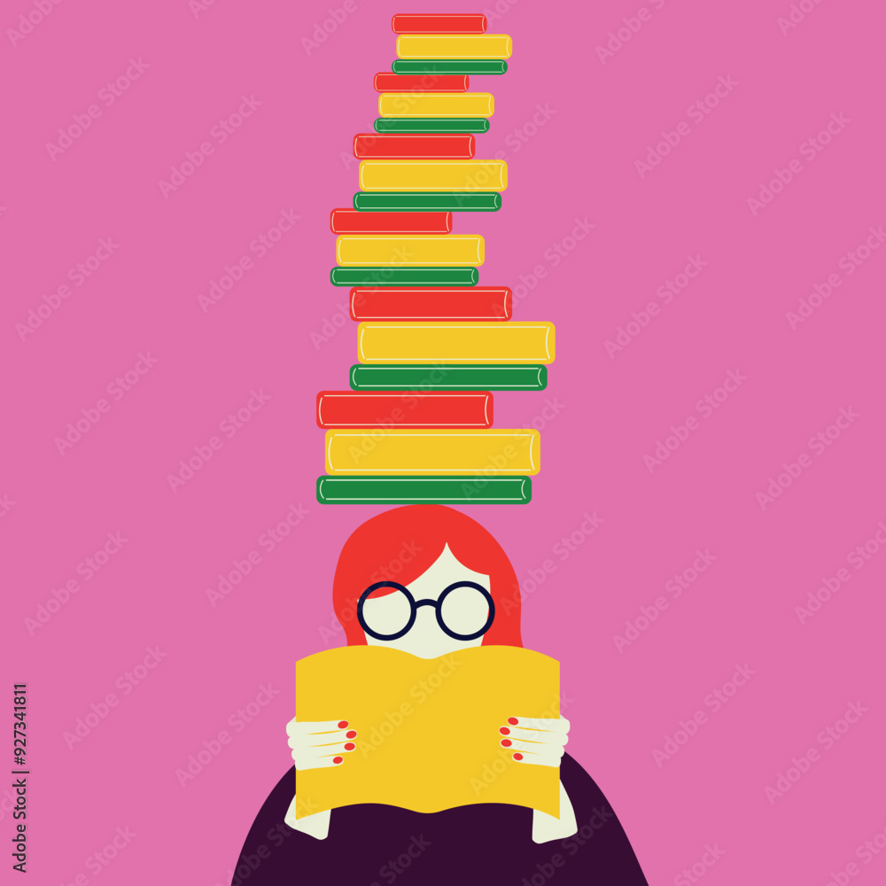Flat image. A girl with a book in her hands with red hair, glasses, a yellow book and a green background. Books fly around. Book club. Bright illustration in modern flat style. Vector illustration Flat image. A girl with a book in her hands with red hair, glasses, a yellow book and a green background. Books fly around. Book club. Bright illustration in modern flat style. Vector illustration