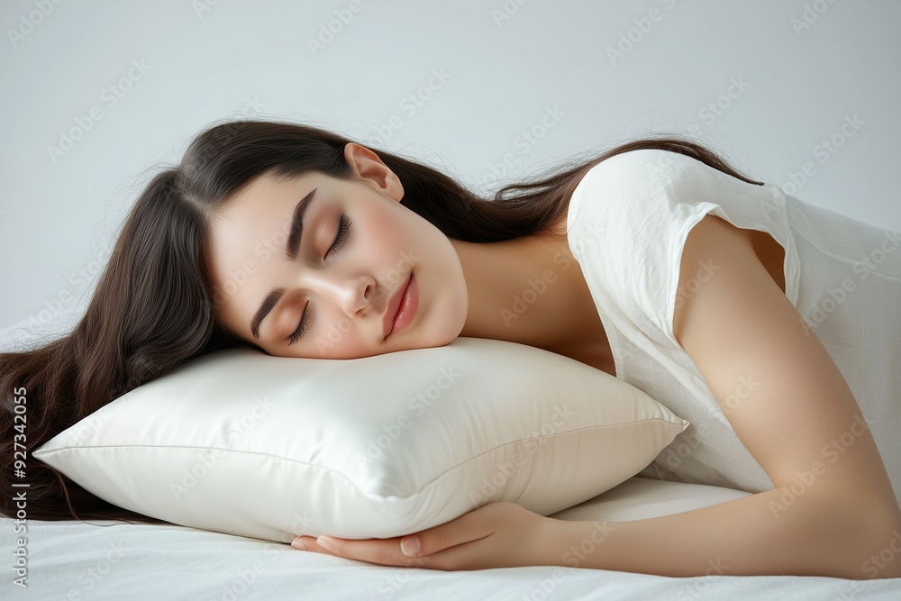 A woman peacefully resting on a soft pillow in a serene, light-filled room during the morning A woman peacefully resting on a soft pillow in a serene, light-filled room during the morning
