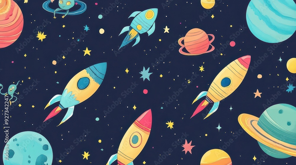 A vibrant space-themed illustration featuring rockets, planets, and stars. A vibrant space-themed illustration featuring rockets, planets, and stars.