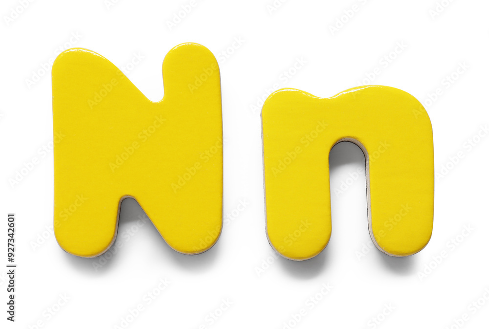 Uppercase and lowercase yellow magnetic letter N isolated white Uppercase and lowercase yellow magnetic letter N isolated white