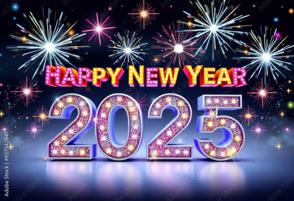 3D rendering of the text 'Happy New Year 2025' in bold, colorful letters with a sparkling effect, surrounded by festive fireworks in a night sky, ai 3D rendering of the text 'Happy New Year 2025' in bold, colorful letters with a sparkling effect, surrounded by festive fireworks in a night sky, ai