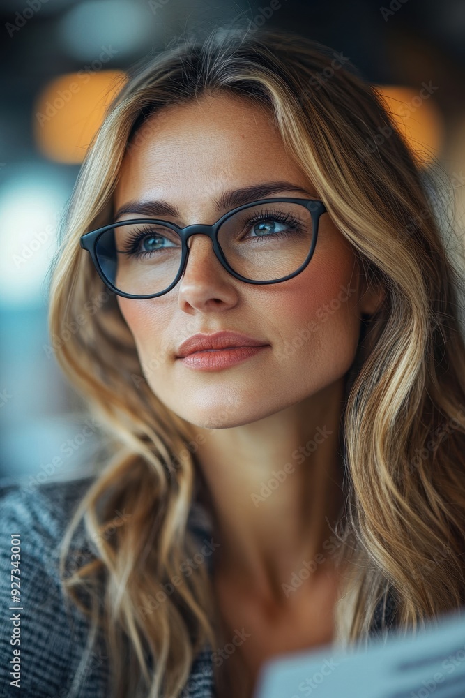 Portrait of a Thoughtful Young Woman with Glasses and Long Blonde Hair in a Modern Setting Portrait of a Thoughtful Young Woman with Glasses and Long Blonde Hair in a Modern Setting