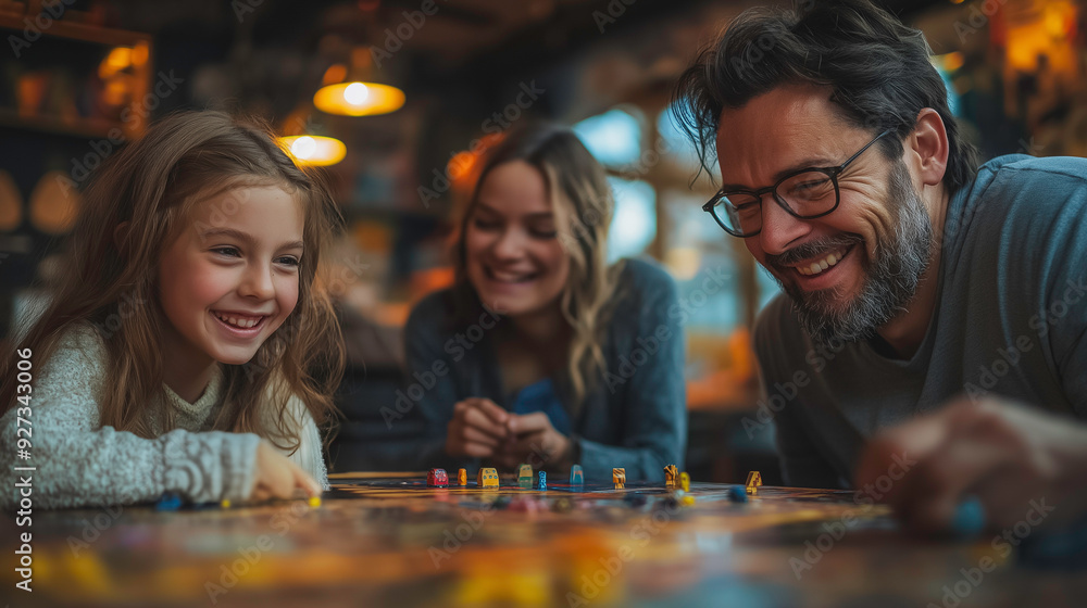 Fototapeta premium Family playing board games at the kitchen table, everyone laughing and engaged, warm lighting, cozy home setting, high-definition, bonding and togetherness, joyful evening