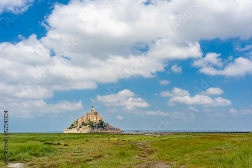 France:  view from afar of Mont Saint Michel arriving walking along the path