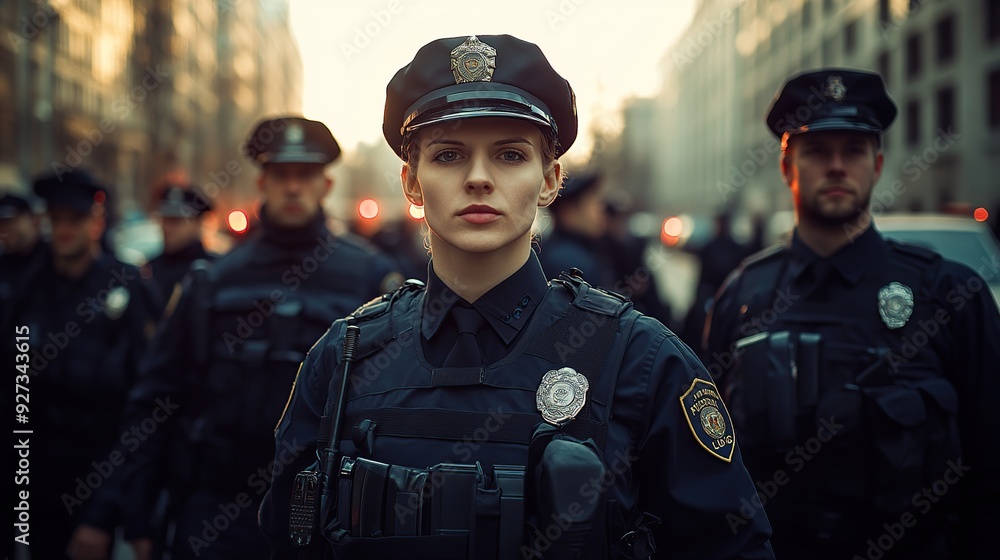 Portrait of group of police officers standing in street and looking at camera. Police concept with copy space. Police officers during a demonstration. copy space for text Portrait of group of police officers standing in street and looking at camera. Police concept with copy space. Police officers during a demonstration. copy space for text