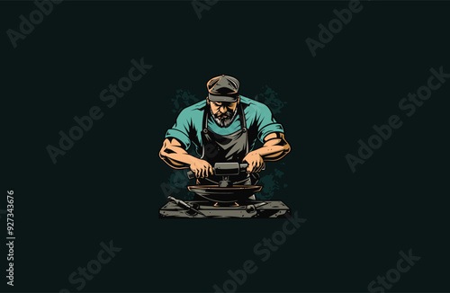 blacksmith with hummer and anvil working design vector illustration