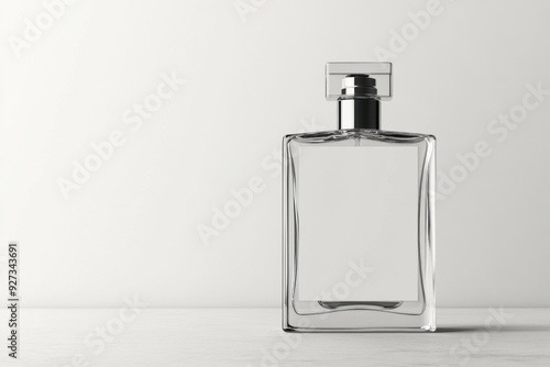 Elegant mockup of a blank perfume bottle displayed on a minimalist surface with soft lighting