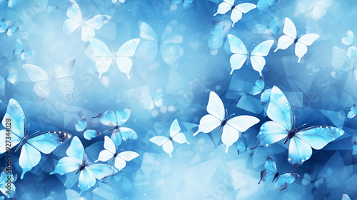 Abstract horizontal background with bright blue tropical butterflies.