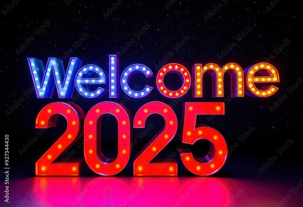 3D rendering of the text 'Welcome 2025' in bold, metallic letters, illuminated with colorful neon lights, set against a dark, starry night sky backdrop., ai 3D rendering of the text 'Welcome 2025' in bold, metallic letters, illuminated with colorful neon lights, set against a dark, starry night sky backdrop., ai