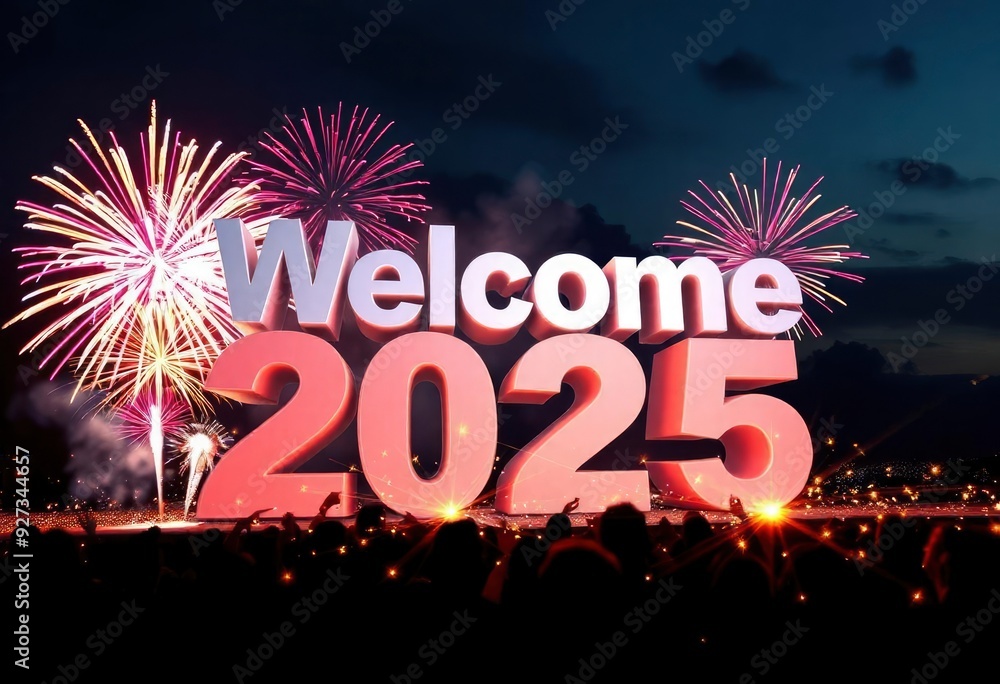 3D rendering of the text 'Welcome 2025' surrounded by a vibrant fireworks display in the night sky, enhancing the celebratory mood., ai