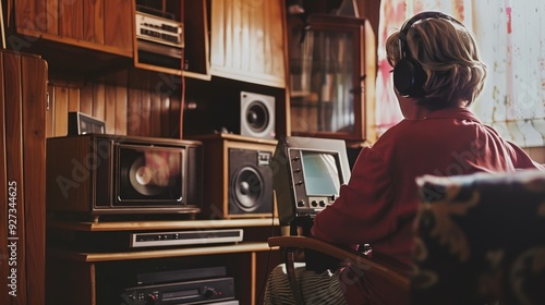 Authentic Retro Scene of a Woman at Home with 1970s/1980s Vintage Aesthetic Captured on 35mm Film, Evoking Nostalgic Atmosphere with Classic Decor and Warm Tones photo