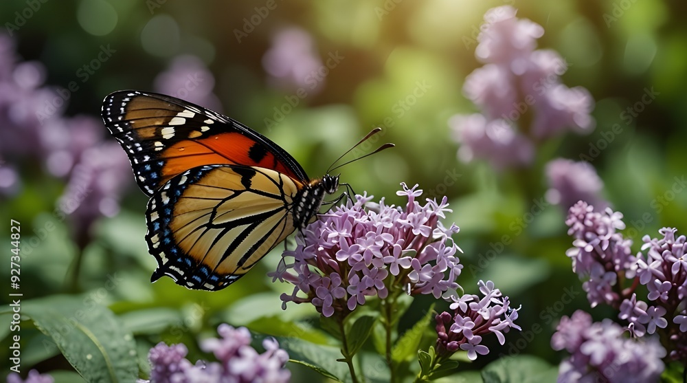 Fototapeta premium Beautiful butterfly and lilac purple summer flowers.generative.ai