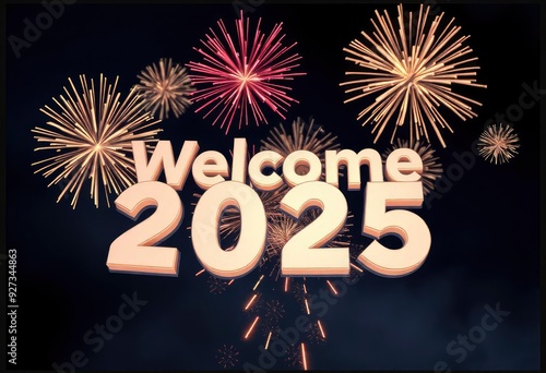 3D rendering of the text 'Welcome 2025' surrounded by a vibrant fireworks display in the night sky, enhancing the celebratory mood., ai