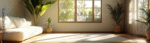 Bright and Airy Modern Living Room with Large Windows and Indoor Plants