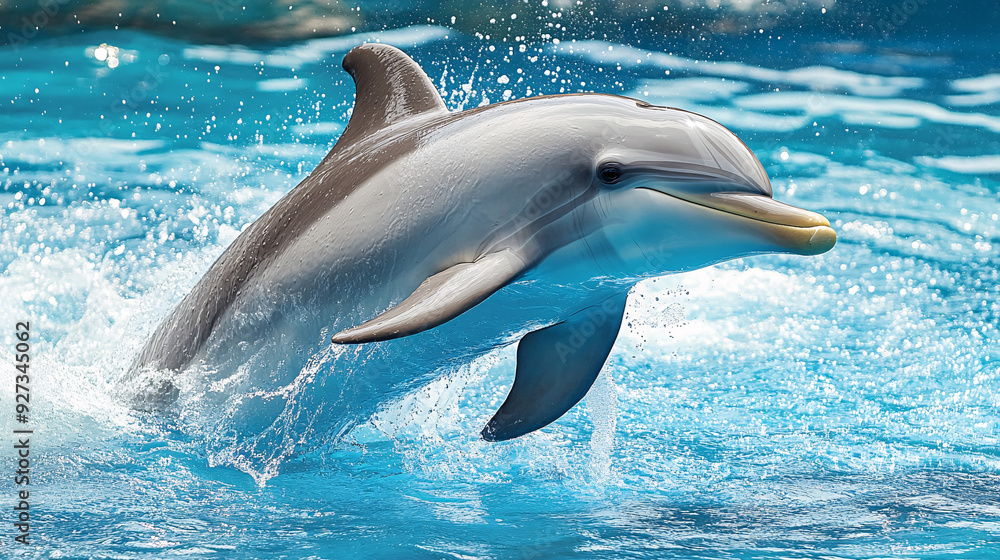 Naklejka premium An image of a bottlenose dolphin, a marine mammal belonging to the family delphinidae, living in its natural habitat. It can be used for educational or conservation purposes.