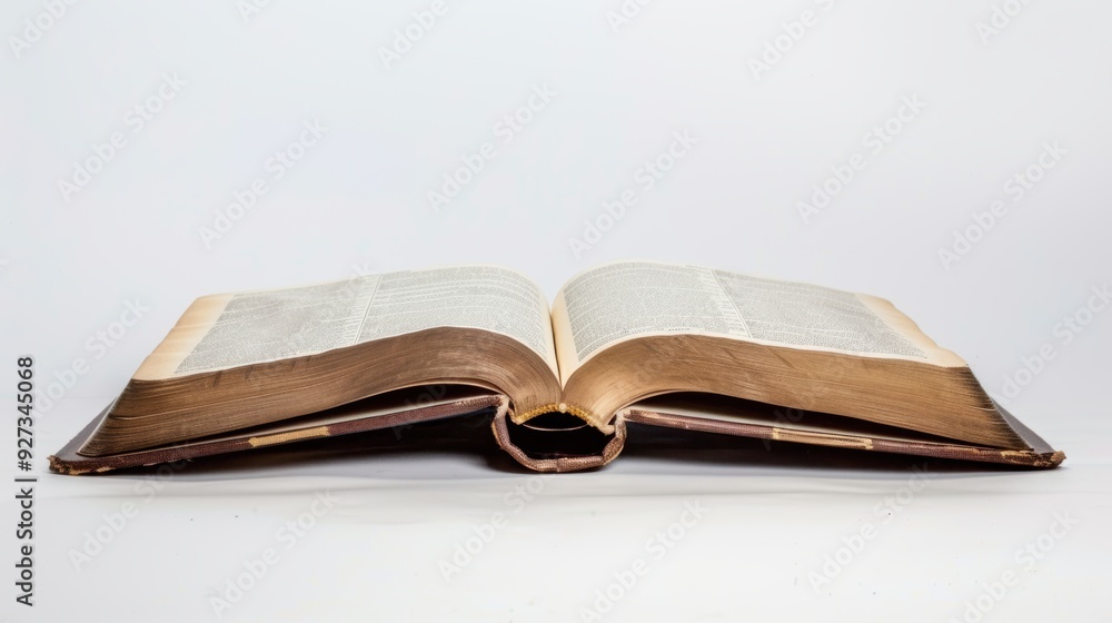 Fototapeta premium Vintage open book with aged pages on a white backdrop, radiating wisdom and elegance, ideal for reading, education, and library themes