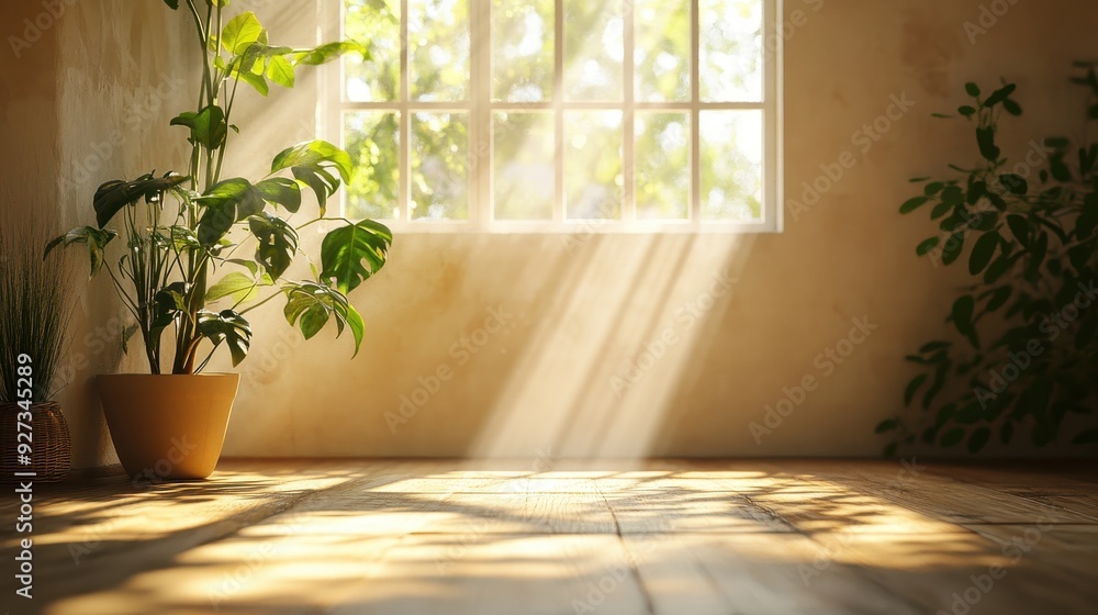 Sunlit Room with Potted Plant and Wooden Floor, Natural Light Streaming Through Window Sunlit Room with Potted Plant and Wooden Floor, Natural Light Streaming Through Window