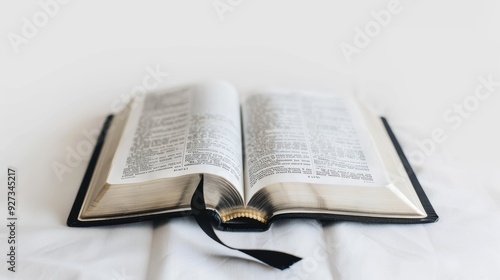 Open holy bible on a white cloth, perfect for religious projects, conveys peace and contemplation
