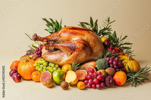 Roasted Turkey Surrounded by a Bountiful Harvest of Fruits and Vegetables