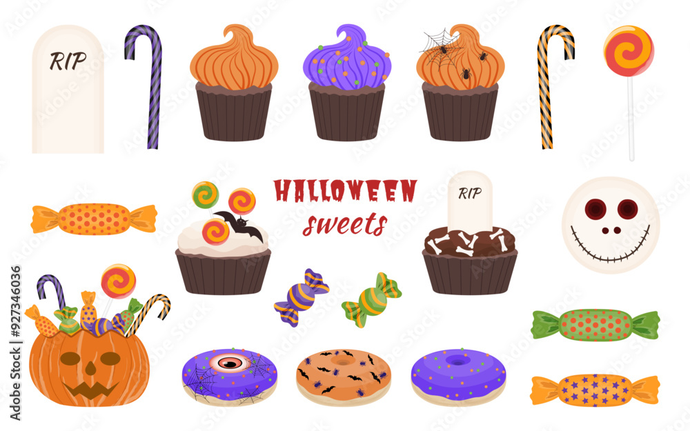 Halloween sweets set. Cupcakes with cream and donuts with icing. Candies and cookies. Pumpkin with scary face and smile isolated on transparent and white background. Vector cartoon illustration. Halloween sweets set. Cupcakes with cream and donuts with icing. Candies and cookies. Pumpkin with scary face and smile isolated on transparent and white background. Vector cartoon illustration.