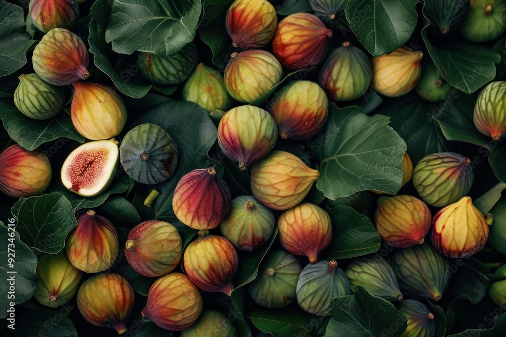Bountiful collection of fresh figs with one cut open, nestled in lush greenery Bountiful collection of fresh figs with one cut open, nestled in lush greenery