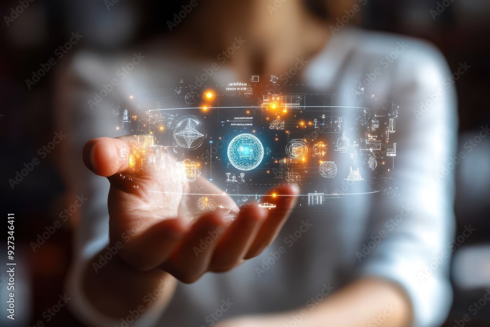 Hand of woman holding a hologram of advanced manufacturing, featuring 3D printing technology, precision engineering, and automated production processes. Hand of woman holding a hologram of advanced manufacturing, featuring 3D printing technology, precision engineering, and automated production processes.