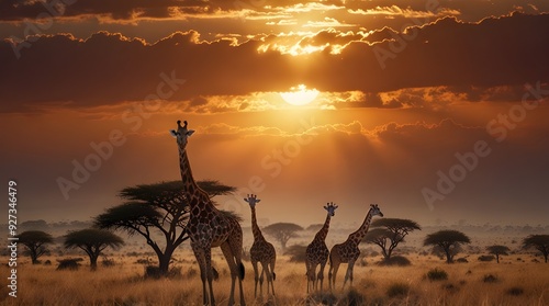 Fotografie Group of giraffes in the Serengeti National Park.generative.ai
