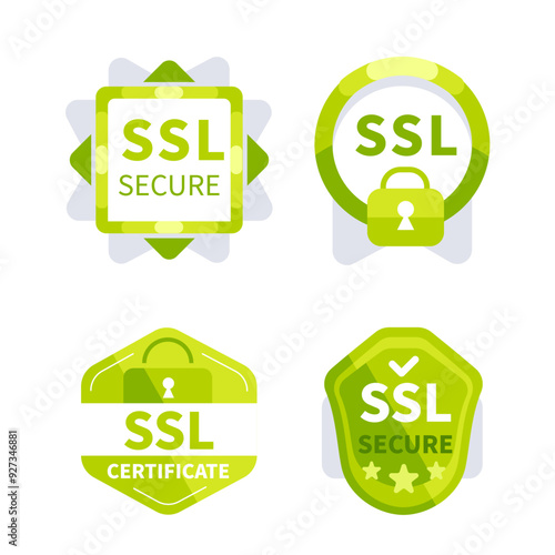 Four green icons are representing ssl security certificates and secured internet connection