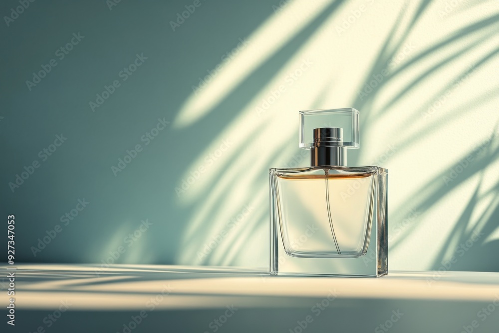 Sophisticated mockup of a perfume bottle with soft light and shadow effects on a minimalist background Sophisticated mockup of a perfume bottle with soft light and shadow effects on a minimalist background