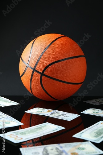 Basketball ball and dollar banknotes on black background photo