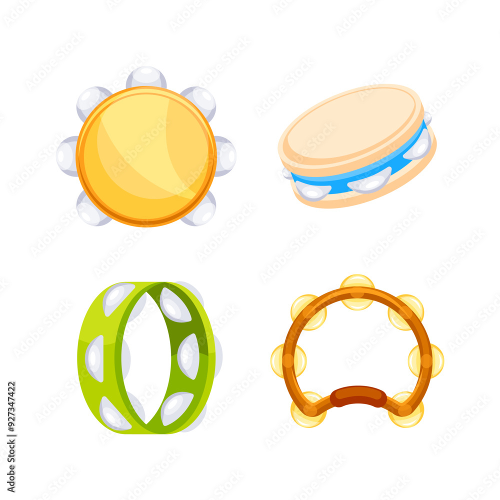 Set of colorful tambourines laying in different positions, traditional ethnic percussion instruments, musical instruments flat vector illustration Set of colorful tambourines laying in different positions, traditional ethnic percussion instruments, musical instruments flat vector illustration