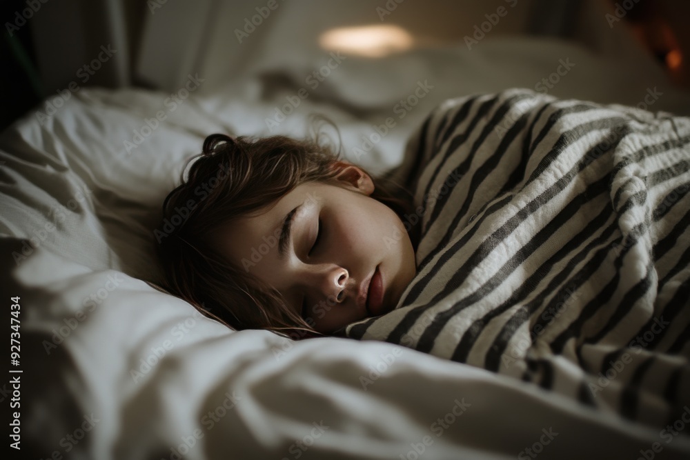 woman sleeping in bed, wrapped up in a striped white and grey blanket woman sleeping in bed, wrapped up in a striped white and grey blanket