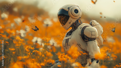 A robot walking through a field of blooming wildflowers, surrounded by butterflies and birds, tranquil and serene, high-definition, nature’s beauty and AI photo