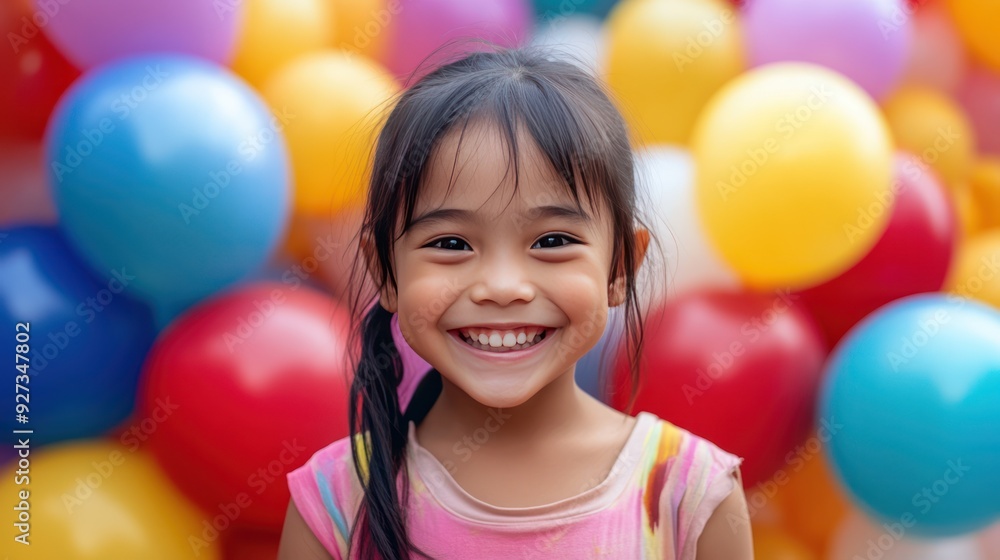 Obraz premium A Young Girl Smiling Amidst a Colorful Balloon Background